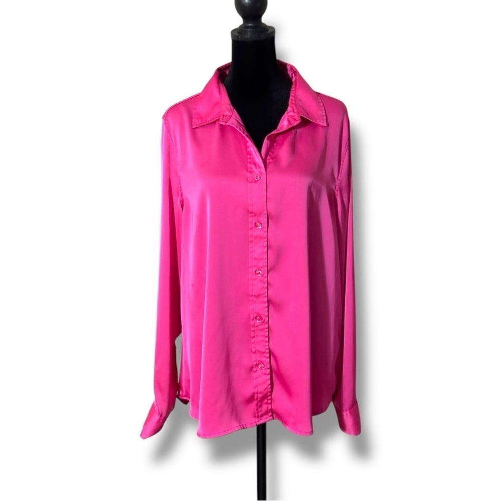 Blue Blossom Bright Pink Relaxed Button Down Shirt Long Cuffed Sleeve and Collar